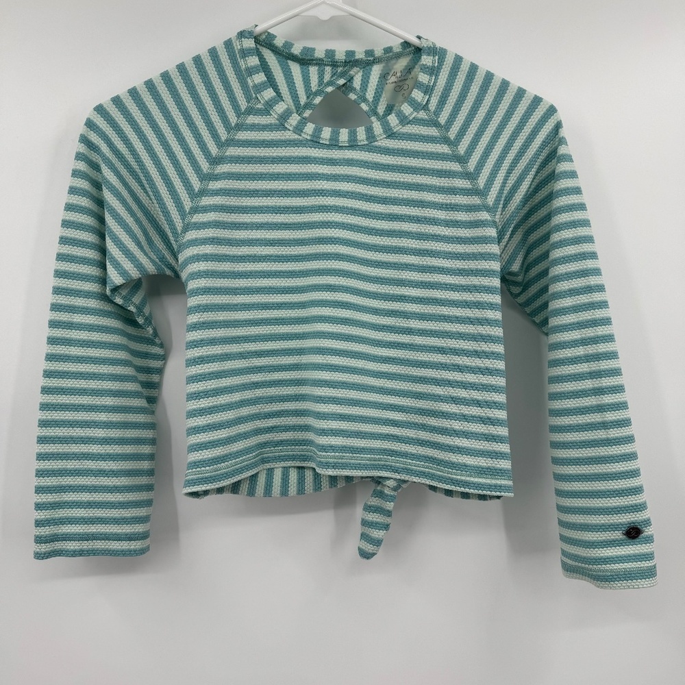 Calia Top Women Small Green Cropped Open Back Long Sleeve Stripes Workout Gym